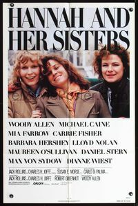 8t398 HANNAH & HER SISTERS 1sh '86 Woody Allen, Mia Farrow, Carrie Fisher, Barbara Hershey