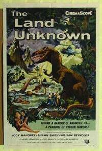 8t494 LAND UNKNOWN 1sh '57 a paradise of hidden terrors, great art of dinosaurs by Ken Sawyer!