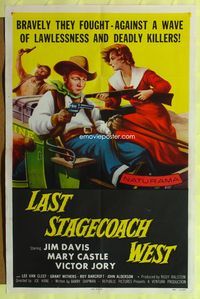 8t495 LAST STAGECOACH WEST 1sh '57 art of Jim Davis & Mary Castle w/guns on runaway stagecoach!