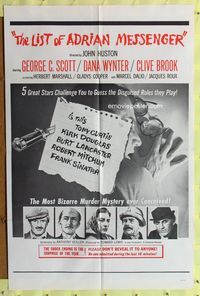 8t516 LIST OF ADRIAN MESSENGER military 1sh '63 John Huston directs 5 heavily disguised great stars