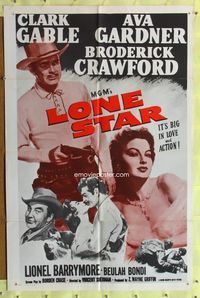 8t520 LONE STAR 1sh R50s Clark Gable with gun & close up kissing sexy Ava Gardner!
