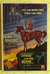 8t521 LONELY ARE THE BRAVE 1sh '62 cool different image, Kirk Douglas!