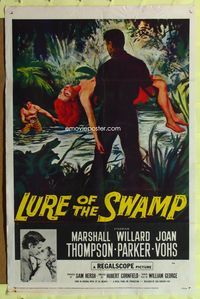 8t539 LURE OF THE SWAMP 1sh '57 two men & a super sexy woman find their destination is Hell!