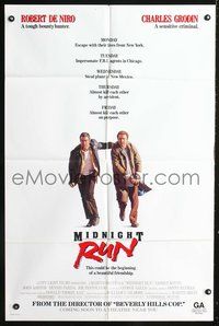 8t582 MIDNIGHT RUN advance 1sh '88 Robert De Niro with Charles Grodin who stole $15 million!