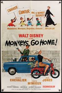 8t596 MONKEYS GO HOME 1sh '67 Disney, art of Maurice Chevalier, Yvette Mimieux & apes!