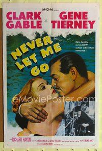 8t623 NEVER LET ME GO 1sh '53 romantic close up artwork of Clark Gable & sexy Gene Tierney!