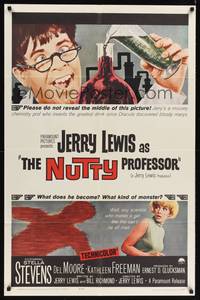 8t639 NUTTY PROFESSOR 1sh '63 wacky Jerry Lewis directs & stars w/pretty Stella Stevens!