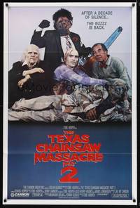 8t859 TEXAS CHAINSAW MASSACRE PART 2 family style 1sh '86 Tobe Hooper horror sequel, cast portrait!