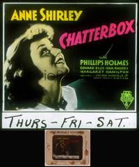 8v031 CHATTERBOX glass slide '36 c/u of Anne Shirley, small town actress who goes to Broadway!