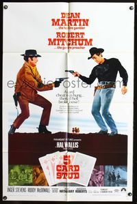 8w013 5 CARD STUD 1sh '68 Dean Martin & Robert Mitchum play poker & point guns at each other!