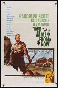 8w016 7 MEN FROM NOW 1sh '56 Budd Boetticher, great full-length art of Randolph Scott with rifle!