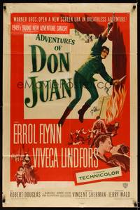 8w023 ADVENTURES OF DON JUAN 1sh '49 cool art of Errol Flynn in a breathless adventure!