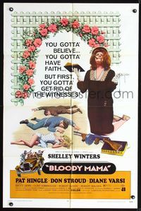 8w083 BLOODY MAMA 1sh '70 Roger Corman, AIP, crazy Shelley Winters w/Bible and tommy gun!