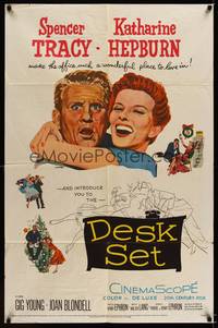 8w191 DESK SET 1sh '57 Spencer Tracy & Katharine Hepburn make the office a wonderful place!