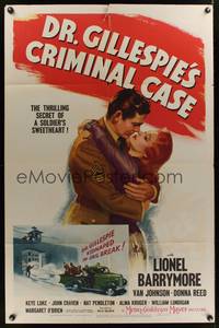 8w213 DR. GILLESPIE'S CRIMINAL CASE 1sh '43 art of soldier Michael Duane romancing Donna Reed!