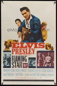 8w268 FLAMING STAR style B 1sh '60 Elvis Presley playing guitar & close up with rifle, Barbara Eden