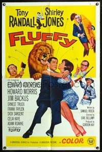 8w272 FLUFFY 1sh '65 great image of huge lion jumping up on Tony Randall, Shirley Jones