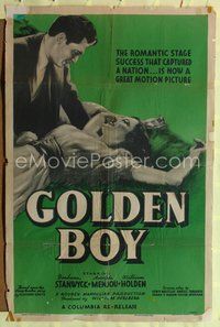 8w311 GOLDEN BOY 1sh R47 artwork of sexy Barbara Stanwyck, William Holden!