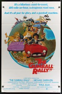 8w328 GUMBALL RALLY style A 1sh '76 Michael Sarrazin, wacky art of car racing around the world!