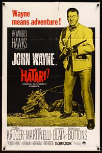 8w346 HATARI 1sh R67 Howard Hawks, great artwork image of John Wayne in Africa!