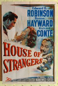 8w381 HOUSE OF STRANGERS 1sh '49 Edward G. Robinson,Richard Conte slaps Susan Hayward!
