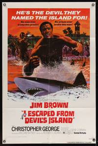 8w396 I ESCAPED FROM DEVIL'S ISLAND 1sh '73 cool art of Jim Brown swimming w/sharks!