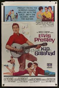 8w449 KID GALAHAD 1sh '62 art of Elvis Presley singing with guitar, boxing, and romancing!