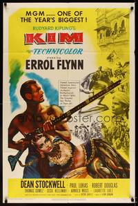 8w452 KIM 1sh '50 Errol Flynn & sexy Laurette Luez in mystic India, from Rudyard Kipling story!