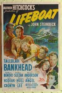 8w001 LIFEBOAT 1sh '43 Alfred Hitchcock, art of Tallulah Bankhead + 6 cast members!