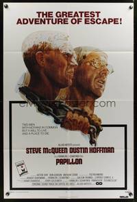 8w635 PAPILLON int'l 1sh '73 great art of prisoners Steve McQueen & Dustin Hoffman by Tom Jung!