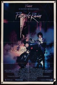 8w661 PURPLE RAIN 1sh '84 great image of Prince riding motorcycle, in his first motion picture!
