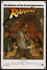 8w670 RAIDERS OF THE LOST ARK 1sh R80s great art of adventurer Harrison Ford by Richard Amsel!