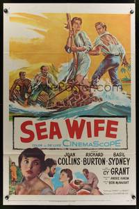 8w716 SEA WIFE 1sh '57 great castaway artwork of sexy Joan Collins & Richard Burton on raft at sea