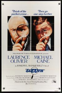 8w764 SLEUTH 1sh '72 close-ups of Laurence Olivier & Michael Caine with magnifying glasses!