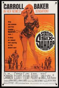 8w797 STATION SIX-SAHARA 1sh '64 super sexy Carroll Baker is alone with five men in the desert!