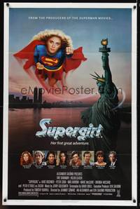 8w820 SUPERGIRL 1sh '84 super Helen Slater in costume flying over Statue of Liberty!