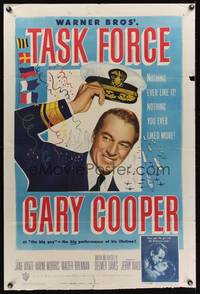 8w847 TASK FORCE 1sh '49 great image of Gary Cooper in uniform tipping his hat!