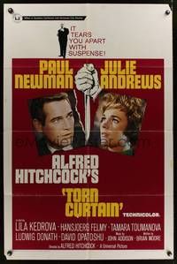 8w891 TORN CURTAIN 1sh '66 Paul Newman, Julie Andrews, Alfred Hitchcock tears you apart w/suspense