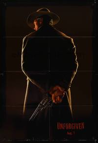 8w912 UNFORGIVEN teaser DS 1sh '92 classic image of gunslinger Clint Eastwood with his back turned!