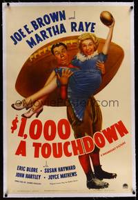 8x253 $1,000 A TOUCHDOWN linen style A 1sh '39 great c/u of Joe E. Brown & Martha Raye by giant football!