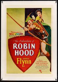 8x258 ADVENTURES OF ROBIN HOOD linen 1sh R76 Errol Flynn as Robin Hood, Olivia De Havilland