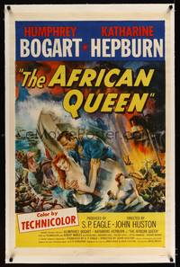 8x260 AFRICAN QUEEN linen 1sh '52 colorful montage artwork of Humphrey Bogart & Katharine Hepburn!