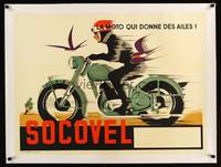 8x214 SOCOVEL linen Belgian advertising poster '50s great art of a man riding a Socovel motorcycle!