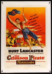 8x296 CRIMSON PIRATE linen 1sh '52 great image of barechested Burt Lancaster swinging on rope!