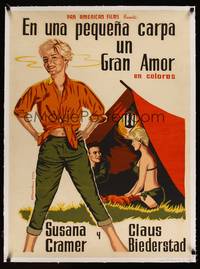 8x050 TWO IN A SLEEPING-BAG linen Cuban '56 German camp-out romance, sexy artwork by E. Rivadulla!