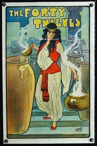 8x042 FORTY THIEVES linen English stage play poster c1900-1910 cool full-length art of female lead!