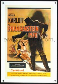 8x320 FRANKENSTEIN 1970 linen 1sh '58 Boris Karloff, great artwork of monster attacking sexy girl!