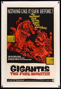 8x325 GIGANTIS THE FIRE MONSTER linen 1sh '59 cool art of Godzilla breathing flames at Angurus!