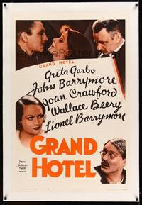 8x330 GRAND HOTEL linen 1sh R62 Greta Garbo, John & Lionel Barrymore, Joan Crawford, Wallace Beery