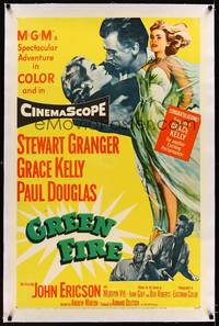 8x335 GREEN FIRE linen 1sh '54 art of beautiful full-length Grace Kelly & Stewart Granger!
